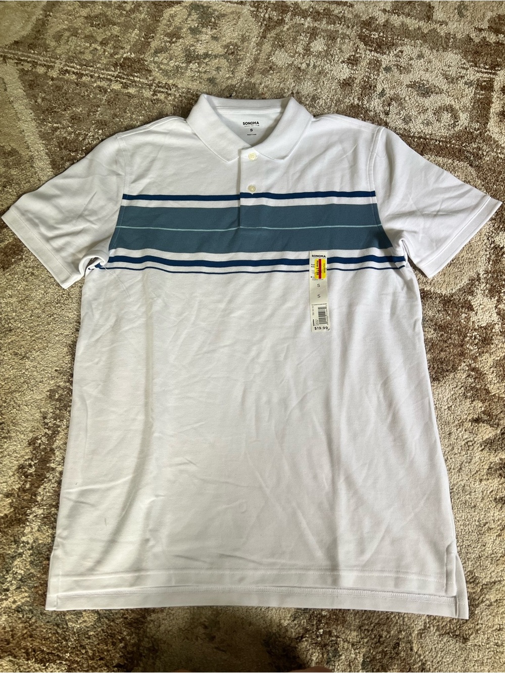 Sonoma White Polo with Blue and Teal Stripes
